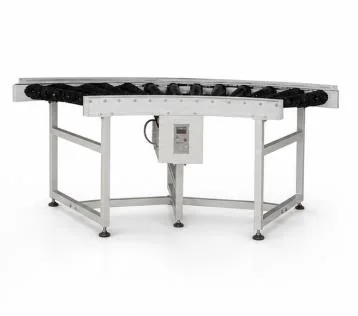 Curved bottle transfer table conveyor for beverage line integration