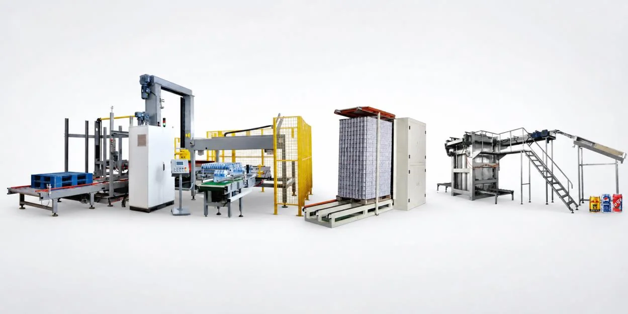 Beverage palletizing and empty-container depalletizing equipment system